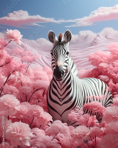 An infrared photograph of a zebra in a pink field, in the style of daz3d, light gray and light aquamarine, nature photo