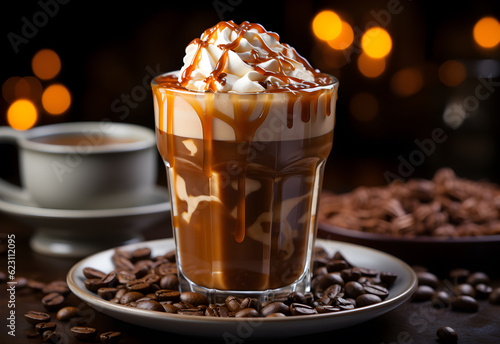 Coffee with whipped cream in a glass on a dark background