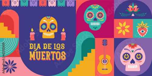 Dia de los muertos, Day of the dead, Mexican holiday, festival. Vector poster, banner and card in modern geometrical style, with skulls, church, guitar and flowers