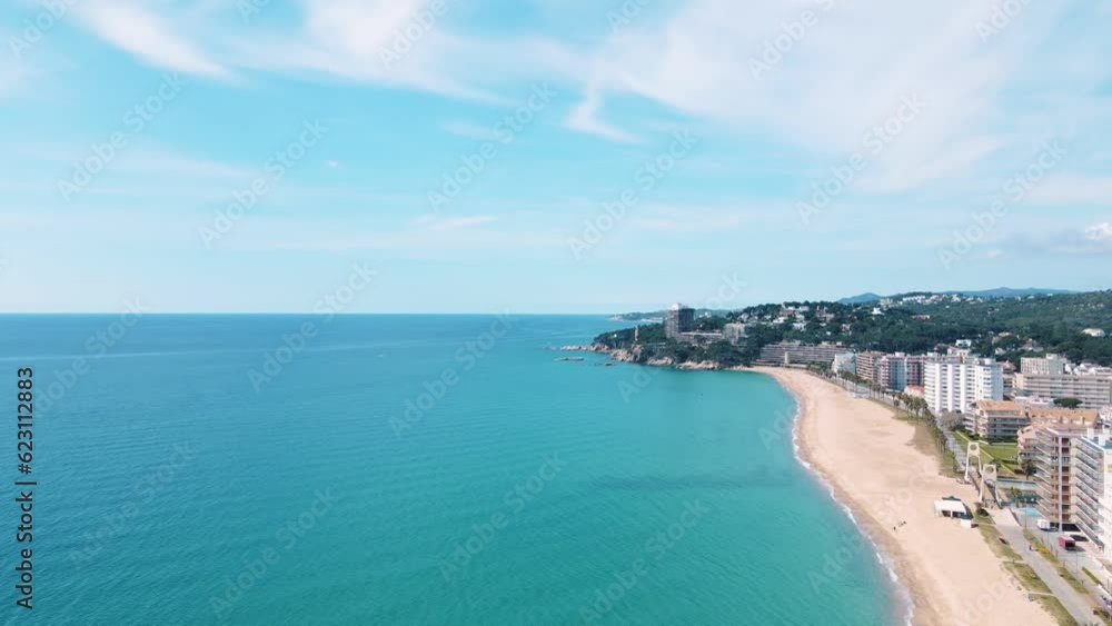 Aerial cityscape view of beach and Mediterranean Sea along Costa Brava in Palamoes Catalonia Aerial cityscape view of beach and Mediterranean Sea along Costa Brava in Palamoes Catalonia
