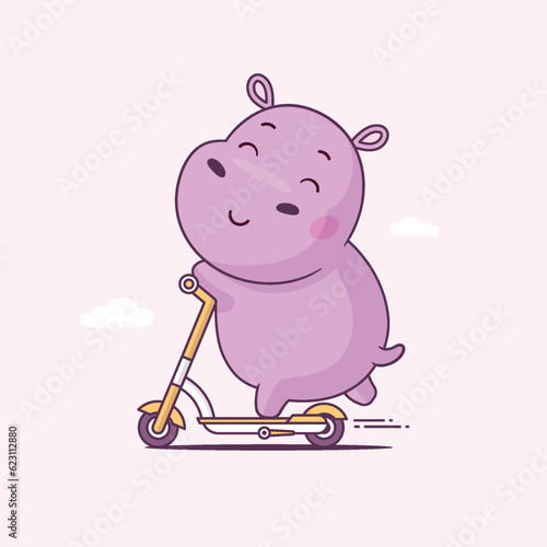Cute hippopotamus character driving a push scooter vector kawaii cartoon illustration