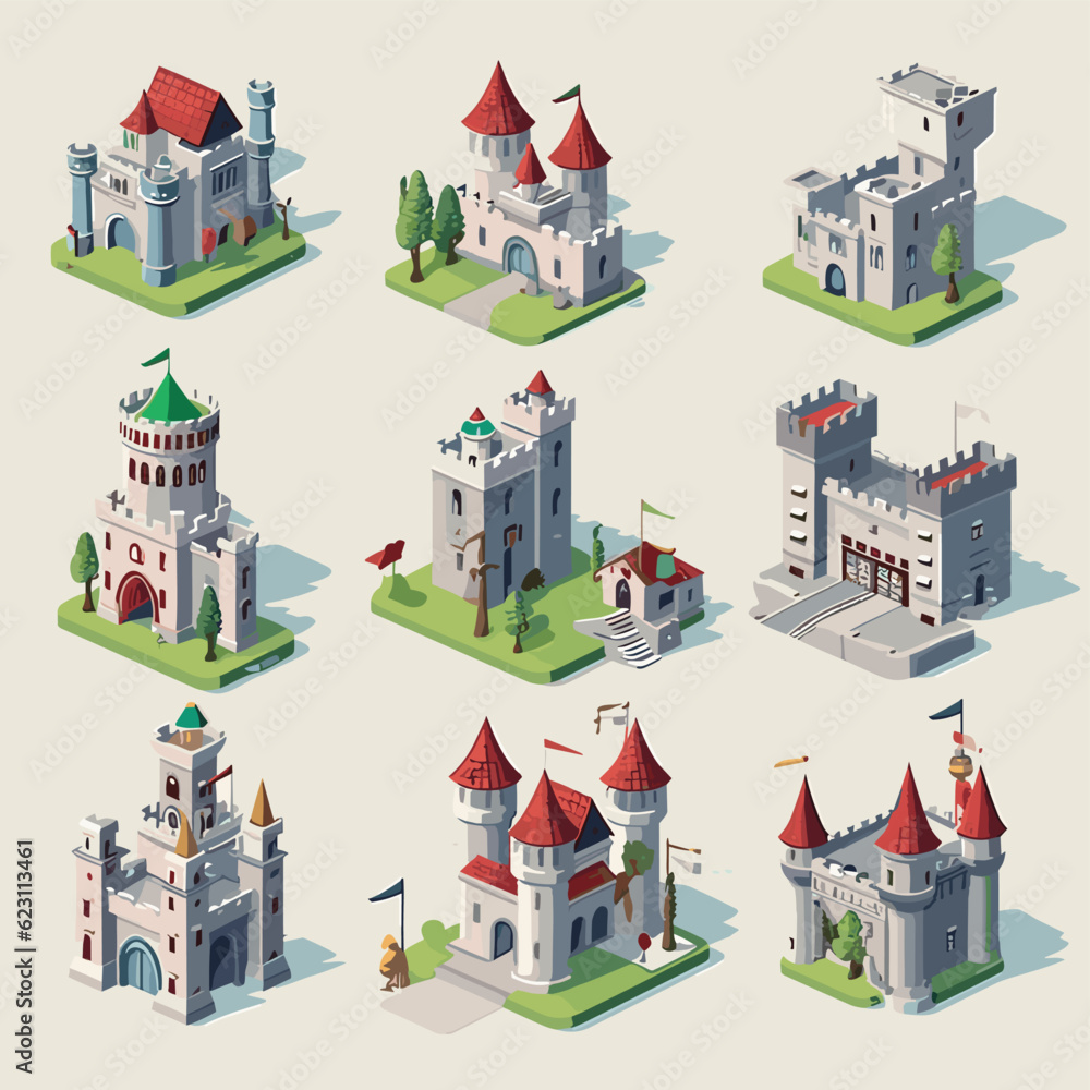 castle set isometric vector flat minimalistic isolated illustration