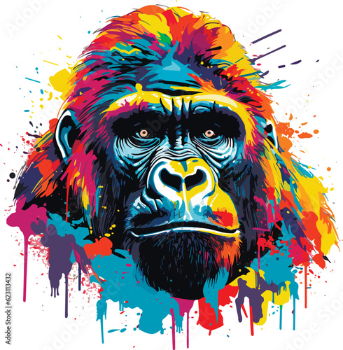 gorilla head multicolor drawing, t-shirt design vector illustration
