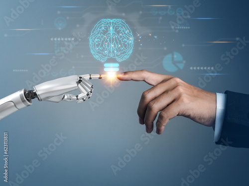 AI artificial intelligence brain, robot hand and human hand, businessman touching creative brain light bulb innovation for the future in working with the business of the future