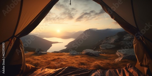  Tent with a Sleeping Bag, Gazing upon a Beautiful Sundown Scene in a Detailed European Landscape of Lakes and Mountains, Evoking Warmcore Vibes and Inviting Interactive Experiences