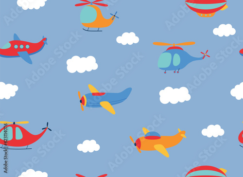 Airplanes on a blue background. Cartoon kid seamless pattern. Cute vector transport and clouds. Childish design