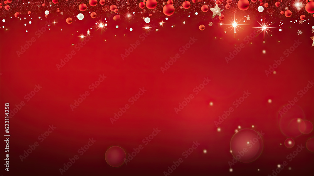 Christmas border with fir branches and decoration ornaments elements on red background. Bright Christmas and New Year background light garlands, gold confetti.