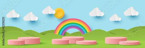 Podium platform to show product with rainbow on nature background. Nature landscape scene for product display presentation. Summer time background