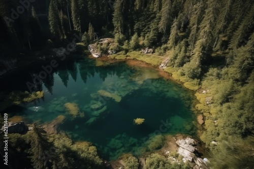 lake in the mountains, Silent Lake in the Mountains, Offering a Bird's-Eye View of Nature's Majesty, with Clear Water Reflecting the Surrounding Trees, Bathed in the Warm Glow of a Summer Sunset