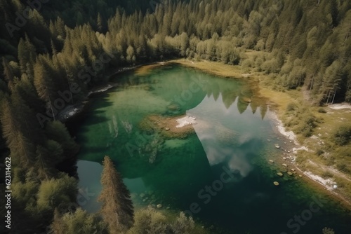 lake in the mountains  Silent Lake in the Mountains  Offering a Bird s-Eye View of Nature s Majesty  with Clear Water Reflecting the Surrounding Trees  Bathed in the Warm Glow of a Summer Sunset