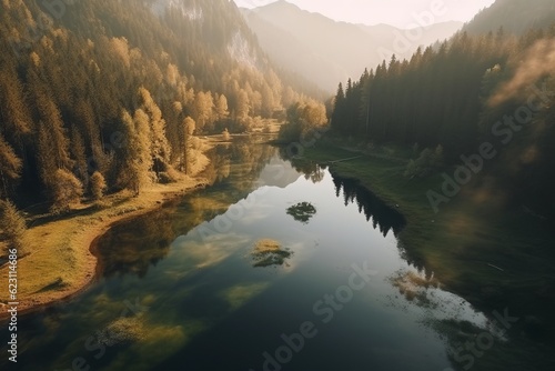 lake in the mountains, Silent Lake in the Mountains, Offering a Bird's-Eye View of Nature's Majesty, with Clear Water Reflecting the Surrounding Trees, Bathed in the Warm Glow of a Summer Sunset