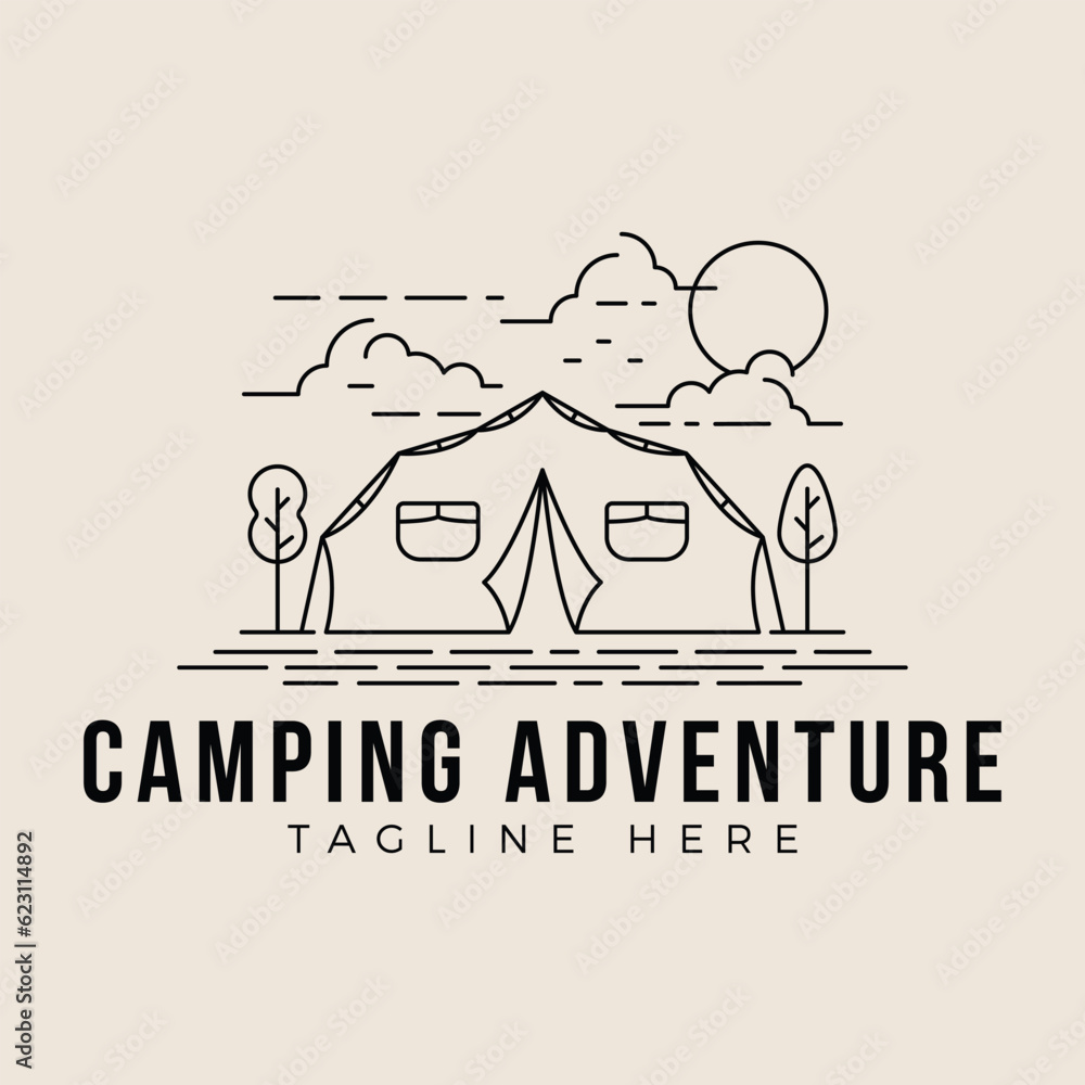 Obraz premium Camping Logo Line Art Simple Minimalist Illustration Template Icon Design. Adventure Activity Outdoor Summer Camp.