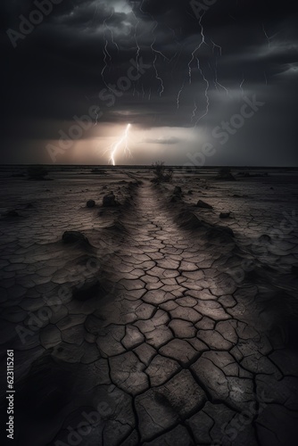 Cracked ground in stormy weather with dramatic sky AI photo