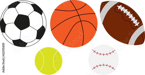Vector illustration of sports balls. Vector soccer ball, basketball, rugby ball, tennis ball and baseball