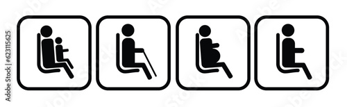 A set of icons for public transport. The seat of an elderly man, a pregnant woman, a disabled person. Icons for determining places in the subway, train, bus