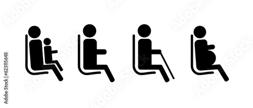 A set of icons for public transport. The seat of an elderly man, a pregnant woman, a disabled person. Icons for determining places in the subway, train, bus