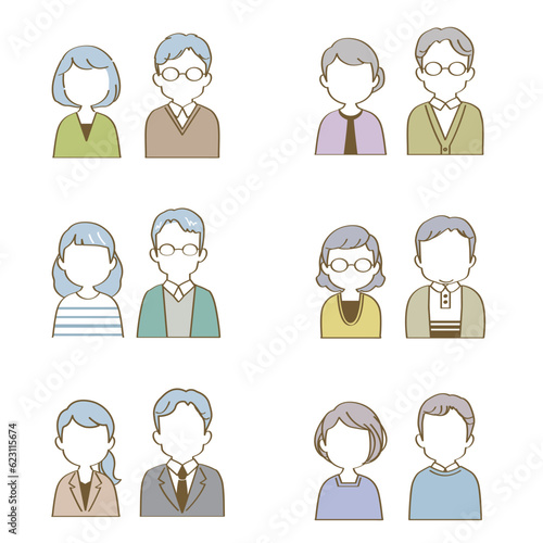 イラストアイコン素材セット：正面を向いたシニア世代男女夫婦、パートナー（バストアップ/主線あり）
