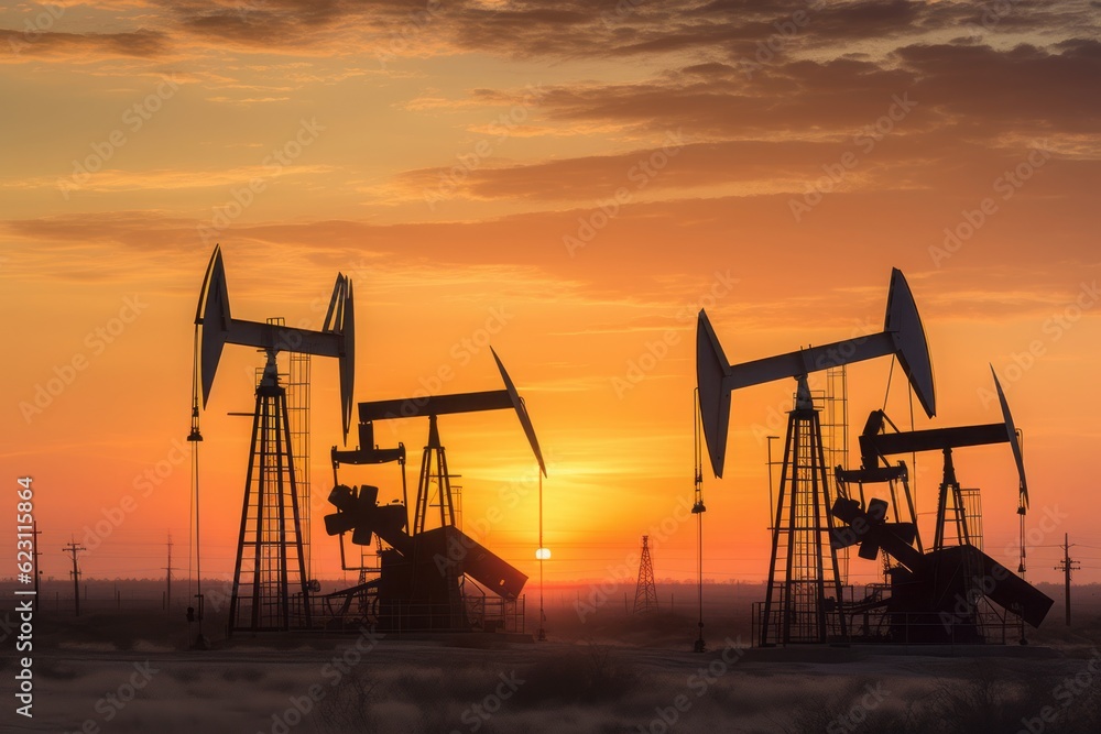 oil pump in sunset, Photographic Close-Up of Oil Pumps in Front of Wind Turbines in the Sunset, Set Against a Natural Landscape of Light Brown and Brown Tones, Embracing the Vastness of the Texas oil pump in sunset, Photographic Close-Up of Oil Pumps in Front of Wind Turbines in the Sunset, Set Against a Natural Landscape of Light Brown and Brown Tones, Embracing the Vastness of the Texas