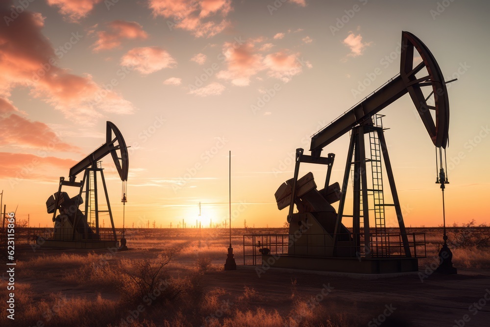 oil pump in sunset, Photographic Close-Up of Oil Pumps in Front of Wind Turbines in the Sunset, Set Against a Natural Landscape of Light Brown and Brown Tones, Embracing the Vastness of the Texas