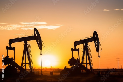 oil pump in sunset, Photographic Close-Up of Oil Pumps in Front of Wind Turbines in the Sunset, Set Against a Natural Landscape of Light Brown and Brown Tones, Embracing the Vastness of the Texas
