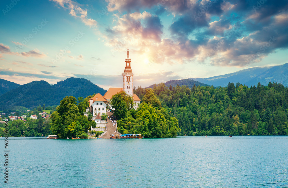 Lake Bled, Slovenia. Sunset at Lake Bled with famous Bled Island and historic Bled Castle in the background. High quality photo