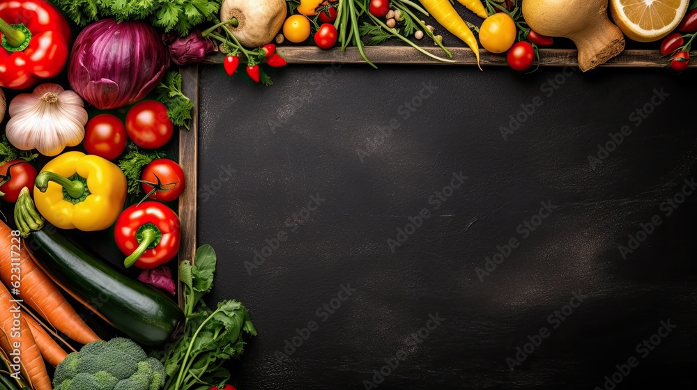 Fresh vegetables on wooden background. Top view with space for your text frame