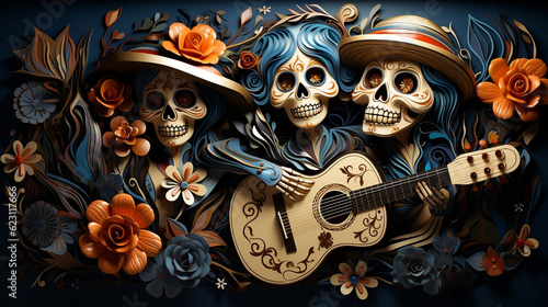 Ilustracion 3d de tres esqueletos tocando una guitarra y celebrando el dia de muertos