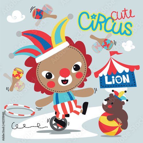 Funny cartoon clown lion riding on unicycle with little bear at the circus on isolated background illustration vector.