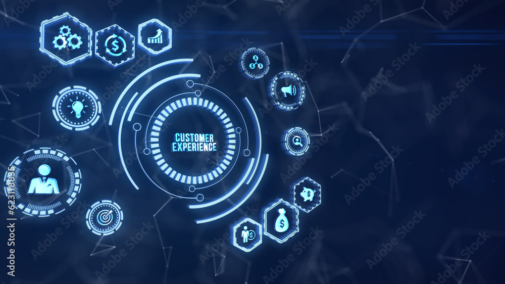 Internet, business, Technology and network concept. The future of technology. Virtual screen of the future with the inscription: customer experience. 3d illustration Internet, business, Technology and network concept. The future of technology. Virtual screen of the future with the inscription: customer experience. 3d illustration