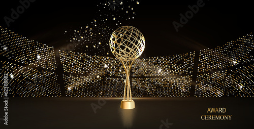 The golden stage illuminates the graphic background of the Royal Awards. Stylish abstract banner with the inscription speedy lines to receive a trophy certificate.