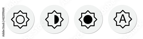 Brightness icon set for apps, web, ui/ux design. low, medium, full and automatic brightness symbols. Screen modes icons set. Screen brightness and contrast for mobile phone. Vector Illustration