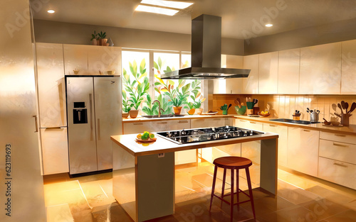 illustration digital painting drawing of modern minimal kitchen room  generative AI