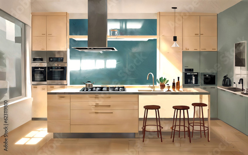 illustration digital painting drawing of modern minimal kitchen room, generative AI © Flash