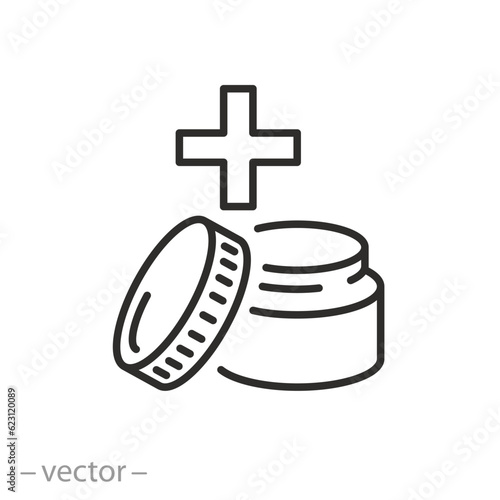 healing cosmetic cream icon, ointment jar with cross, healing medicinal product, thin line symbol - editable stroke vector illustration