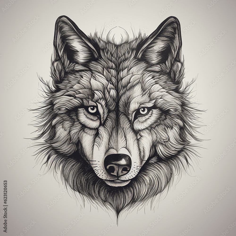 A very simple black and white tattoo design style line drawing illustration of a wolf head with generative AI technology A very simple black and white tattoo design style line drawing illustration of a wolf head with generative AI technology