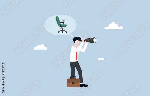 Job search, seeking for interest job position, new career opportunity for bright future concept, Businessman using telescope to find new vacant chair.