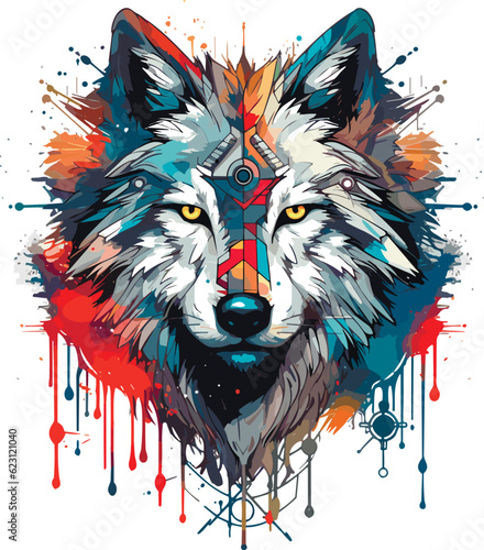 Wolf head multicolor drawing, t-shirt design vector illustration