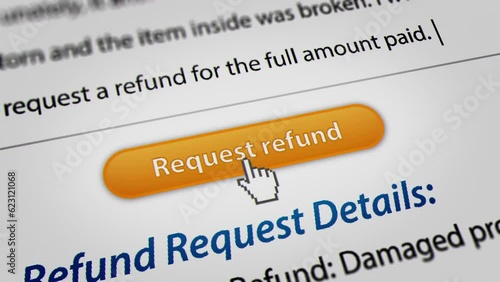 Animated Mouse Cursor Clicking Request Refund Button. Fictitious Data Created Exclusively for This Concept Footage
