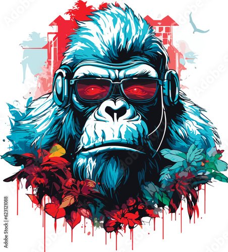 Fototapeta gorilla head with red eyes multicolor drawing, t-shirt design vector illustration