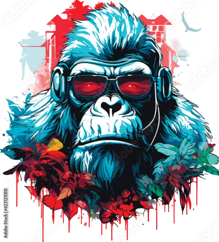 Obraz gorilla head with red eyes multicolor drawing, t-shirt design vector illustration