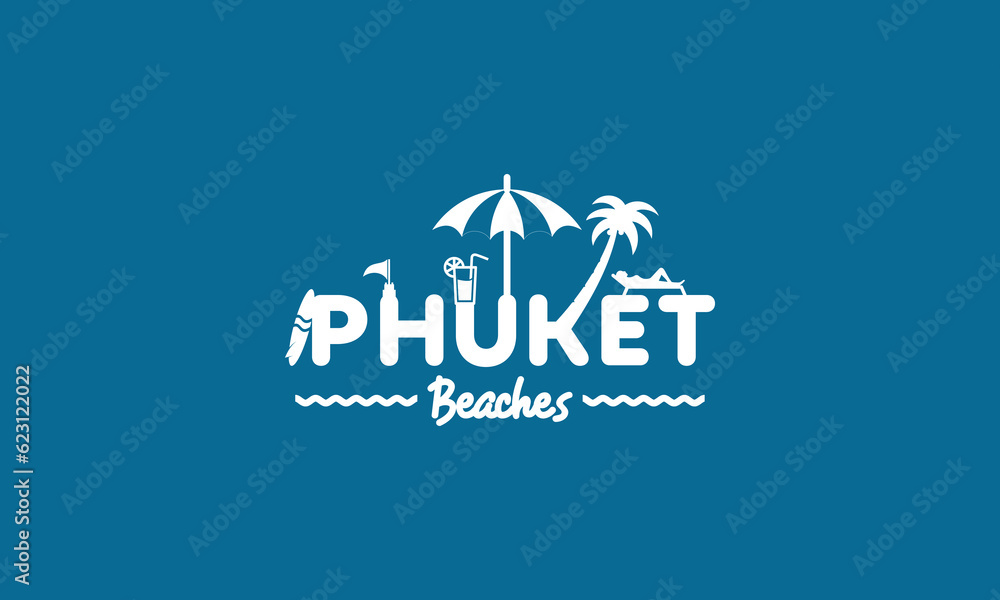 PHUKET beach logo typography style in blue background PHUKET beach logo typography style in blue background