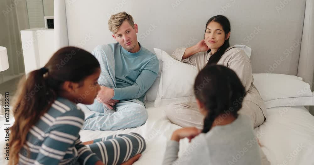 Relax, support and morning with family in bedroom for wake up, happy and playful. Happiness, peace and love with parents and children in bed at home for free time, conversation and bonding Relax, support and morning with family in bedroom for wake up, happy and playful. Happiness, peace and love with parents and children in bed at home for free time, conversation and bonding