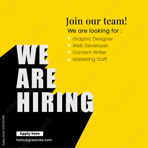 We are hiring job vacancy social media post, banner design template with yellow and black color. Hiring job vacancy web banner design. © Dijay