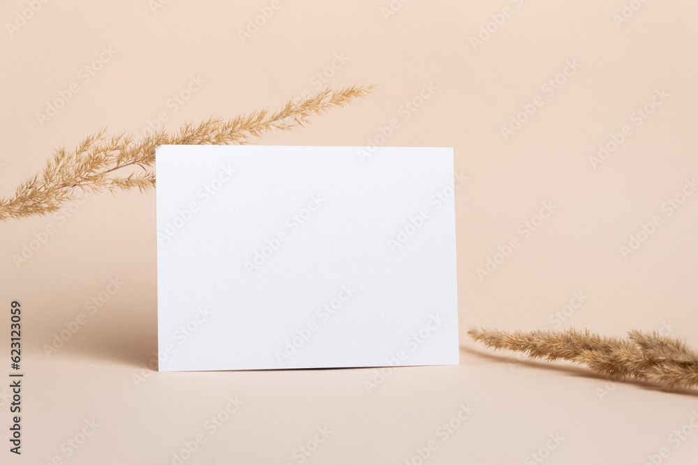 Blank greeting or invitation card mockup with botanical decor on beige background Blank greeting or invitation card mockup with botanical decor on beige background