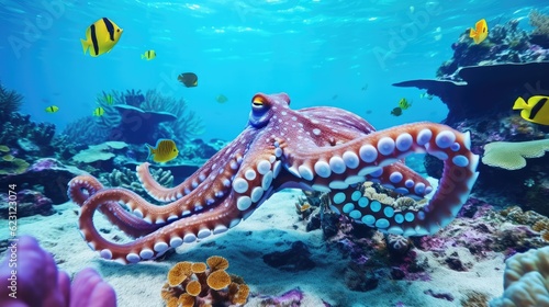octopus in the coral reef, animals of the underwater sea world, Generative AI