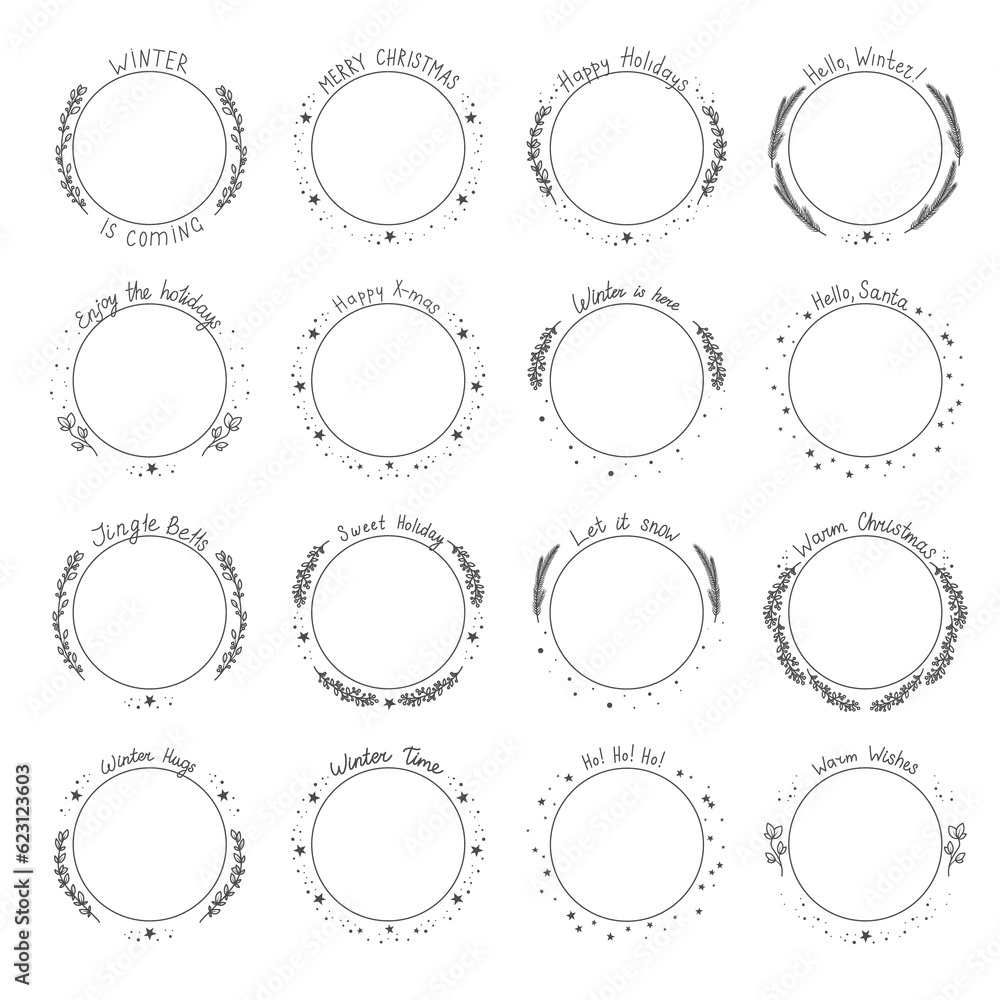 Collection of round frames with festive winter hand-drawn lettering. Decorative circular border templates for cards, labels and invitations. illustration on transparent background Collection of round frames with festive winter hand-drawn lettering. Decorative circular border templates for cards, labels and invitations. illustration on transparent background