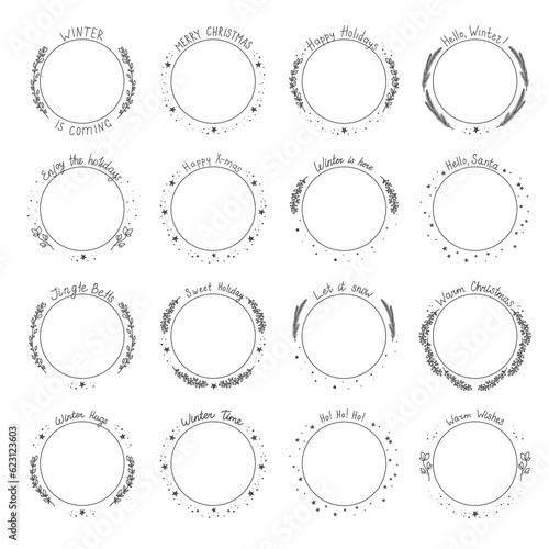 Collection of round frames with festive winter hand-drawn lettering. Decorative circular border templates for cards, labels and invitations. illustration on transparent background