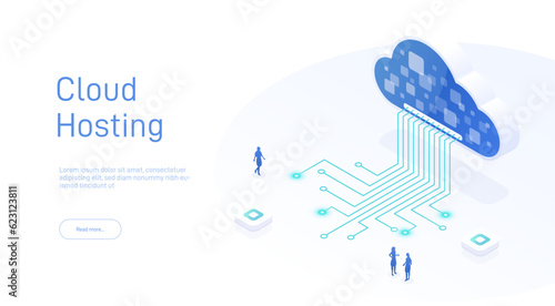 Cloud hosting and technology networking concept. Web cloud technology business. Internet data services. Cloud storage. Internet equipment industry. Abstract hosting server. Isometric 3d illustration.