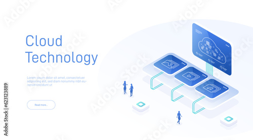Cloud storage isometric. Computer service technology. Network infrastructure. Data server platform. Online devices upload, download information. Data in database on cloud services. 3d illustration