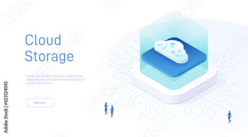 Cloud storage for download, upload information. Data in database on cloud services. Digital service or application with data transmission. Network computing technologies. Futuristic 3d Server.